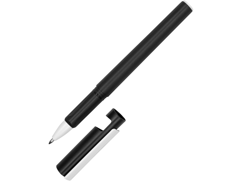 Ручка пластиковая шариковая трехгранная Nook с подставкой для телефона в колпачке, черный/белый-4