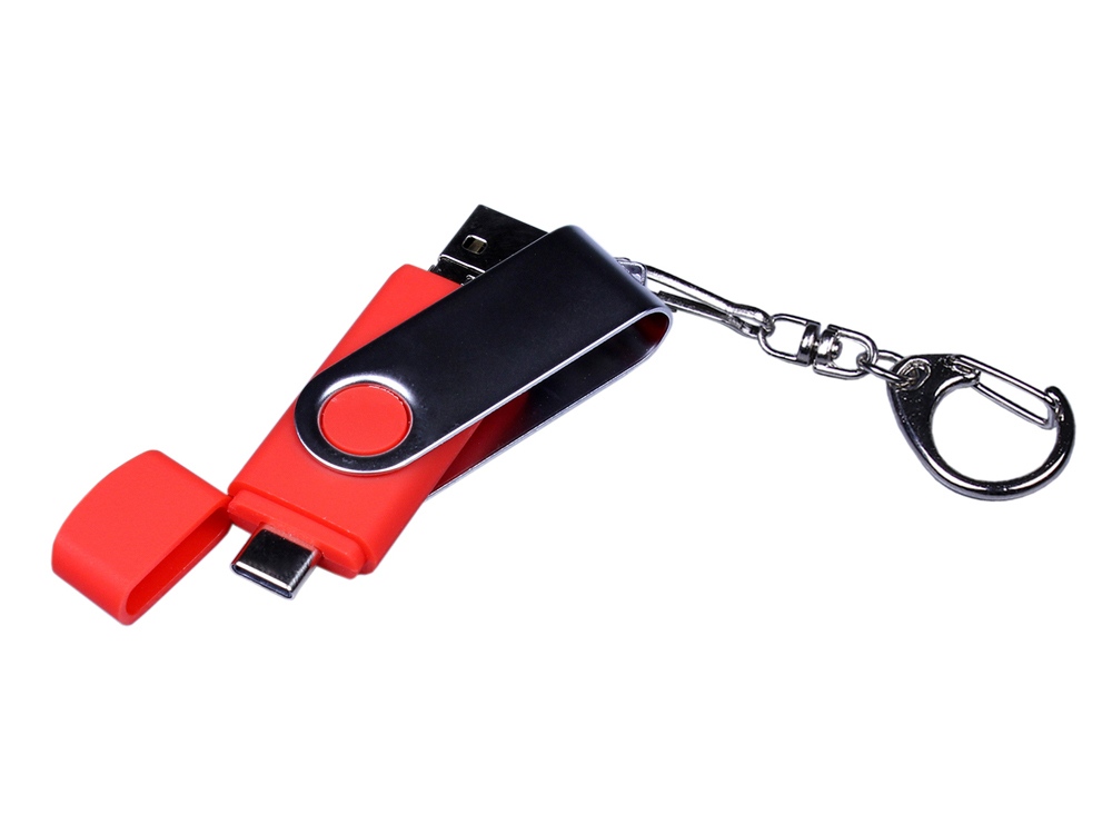 USB-флешка на 32 Гб поворотный механизм, c двумя дополнительными разъемами MicroUSB и TypeC, красный-3