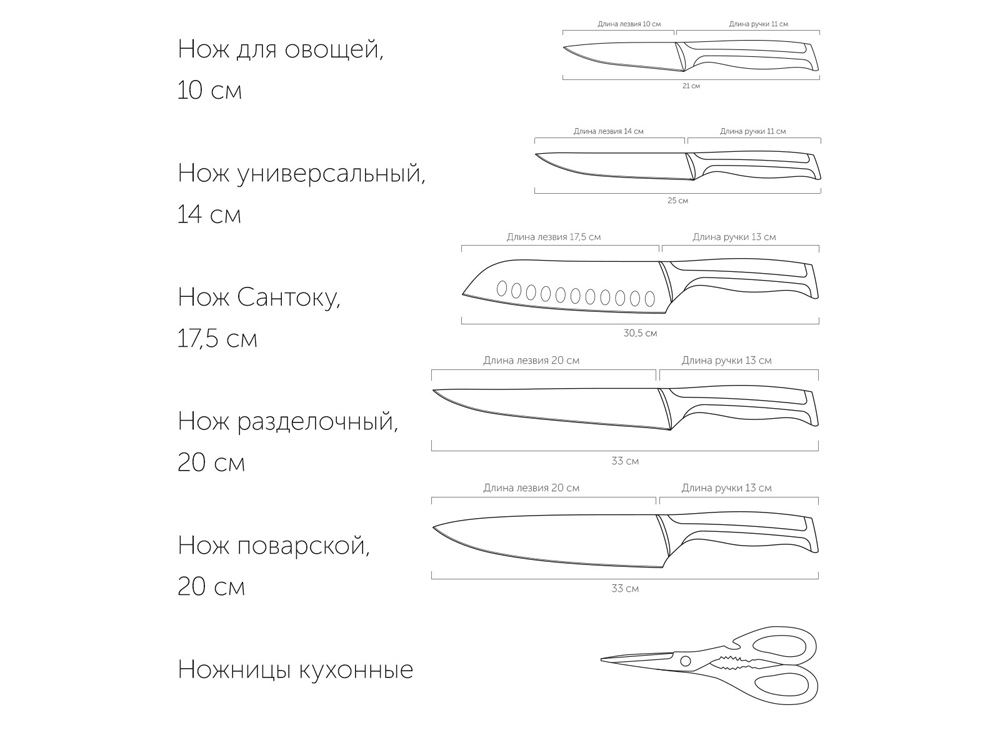 Набор из 5 кухонных ножей, ножниц и блока для ножей с ножеточкой, NADOBA, серия URSA-2