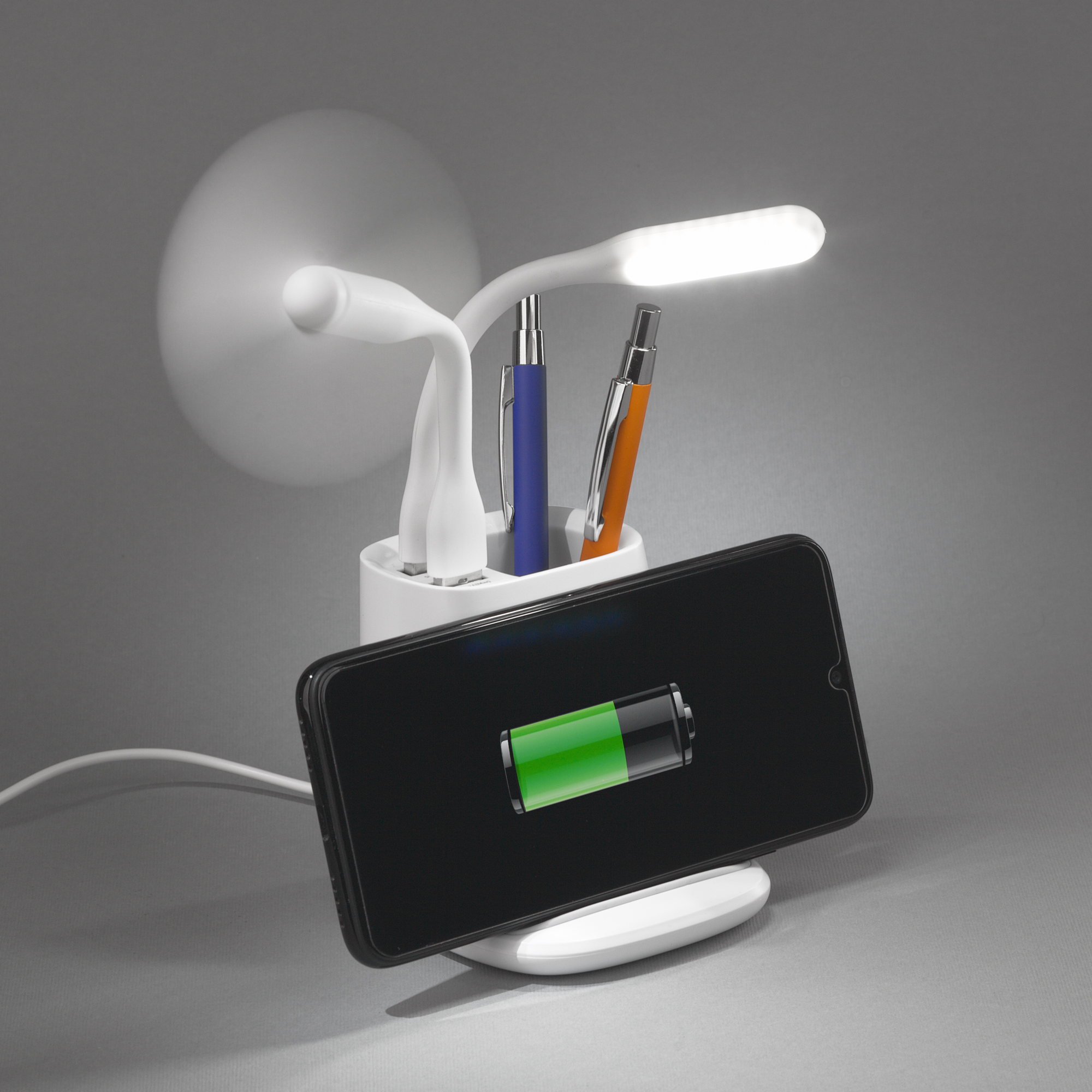 Карандашница "Smart Stand" с беспроводным зарядным устройством, вентилятором и лампой (2USB разъёма)-1