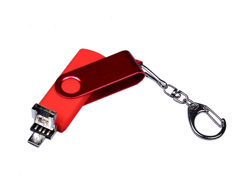 USB-флешка на 16 Гб 3 в 1 поворотный механизм, c двумя дополнительными разъемами MicroUSB и TypeC C с одноцветным металлическим клипом, красный-2