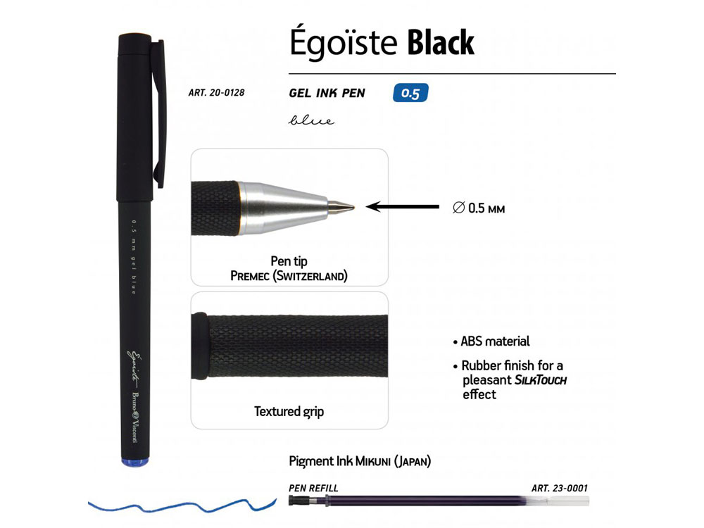 Ручка Egoiste.BLACK гелевая в черном корпусе, 0.5мм, синяя-2