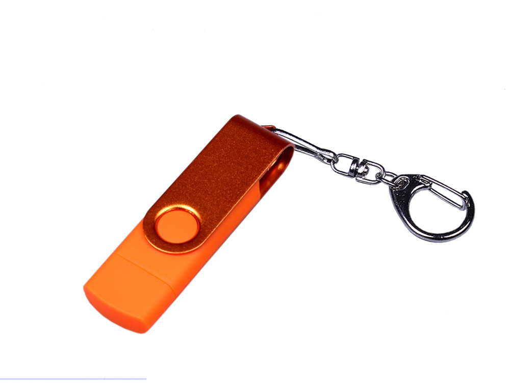 USB-флешка на 64 ГБ 3 в 1 поворотный механизм, c двумя дополнительными разъемами MicroUSB и TypeC C с одноцветным металлическим клипом, оранжевый-0