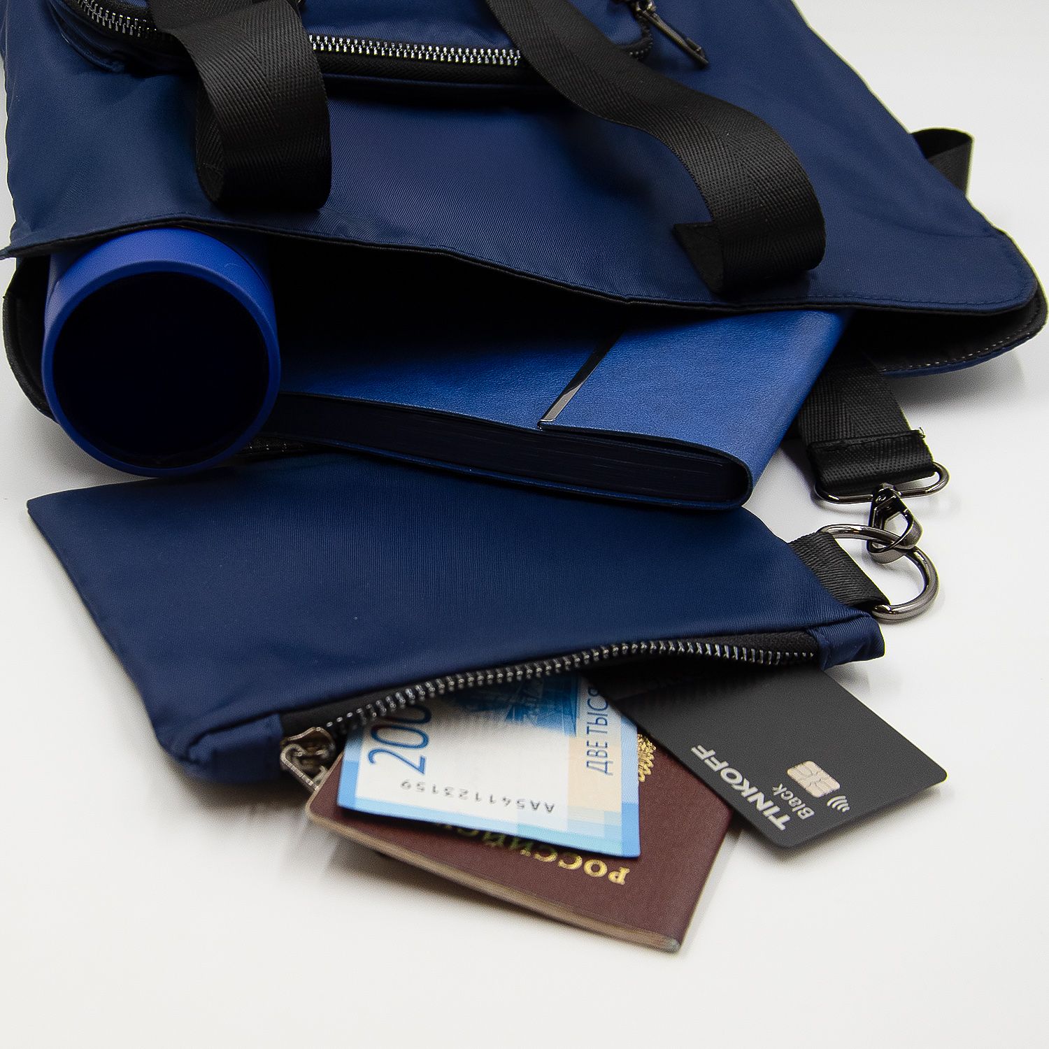 Шоппер Superbag Pocket, с внутренним креплением (карабин) и чехлом для мелочей (темно-синий с черным)-4