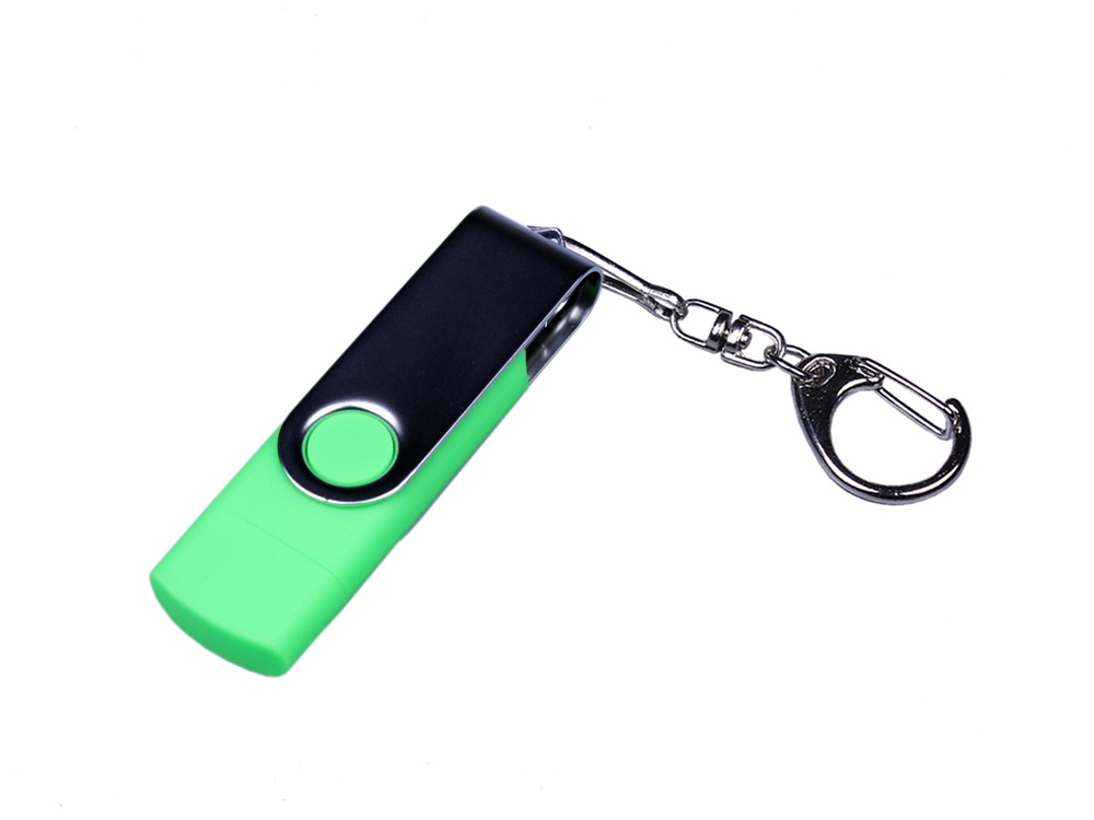 USB-флешка на 32 Гб поворотный механизм, c двумя дополнительными разъемами MicroUSB и TypeC, зеленый-0