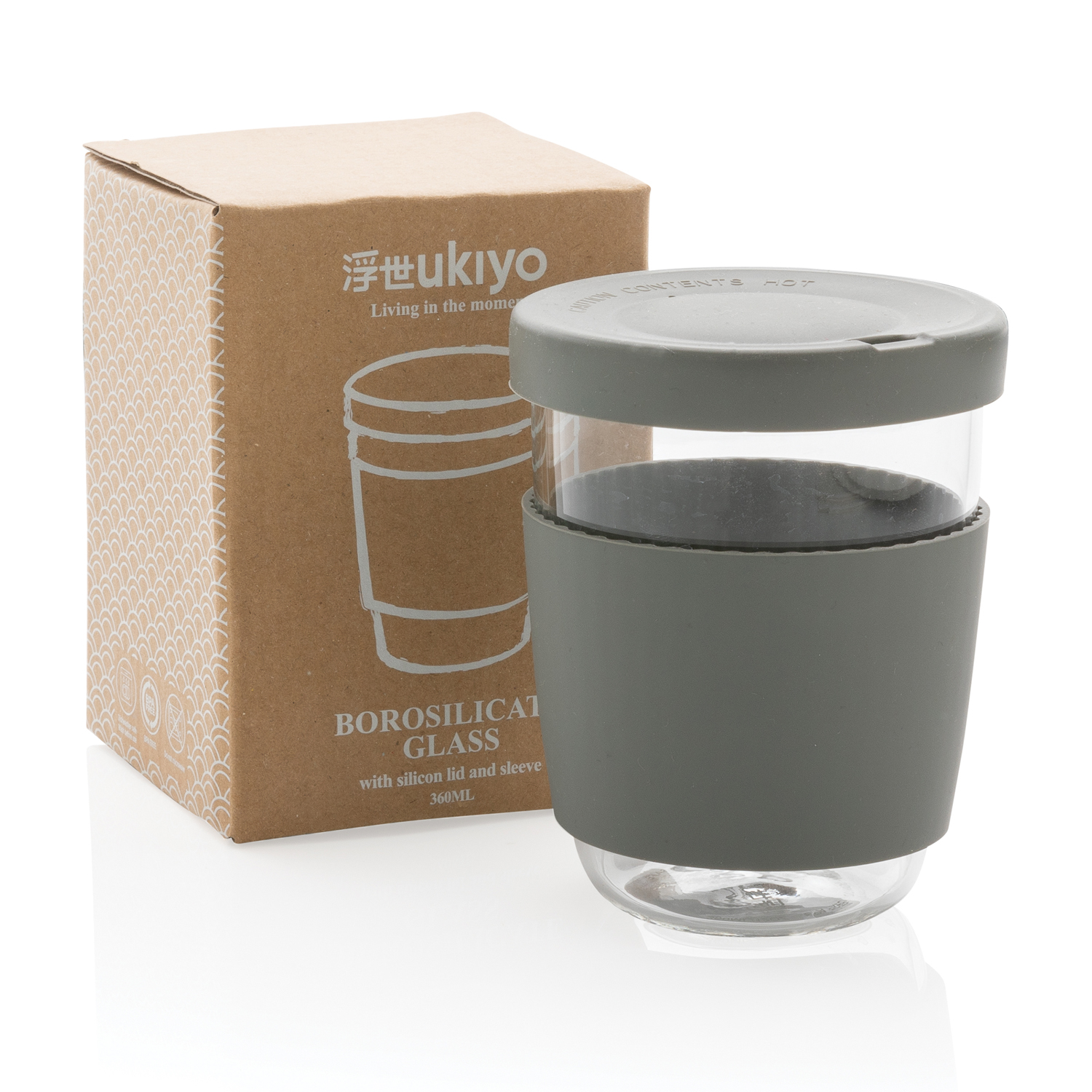 Стакан из боросиликатного стекла Ukiyo с силиконовой крышкой и держателем-1