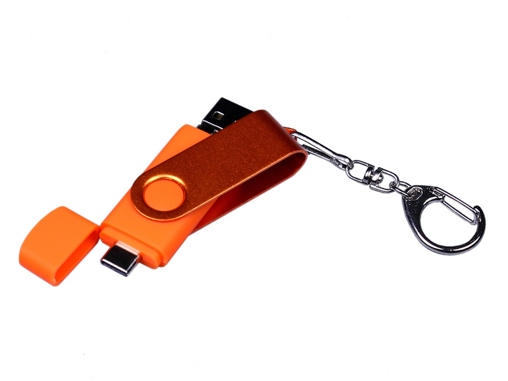 USB-флешка на 16 Гб 3 в 1 поворотный механизм, c двумя дополнительными разъемами MicroUSB и TypeC C с одноцветным металлическим клипом, оранжевый-3