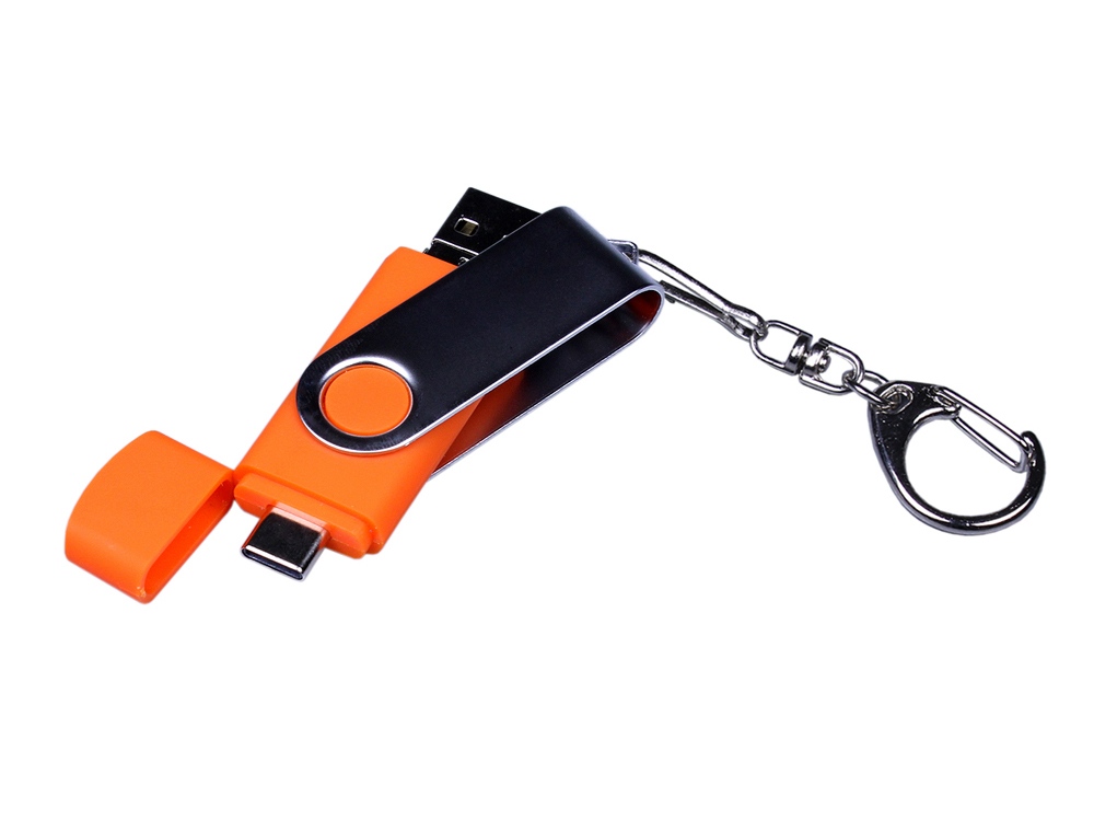USB-флешка на 16 Гб поворотный механизм, c двумя дополнительными разъемами MicroUSB и TypeC, оранжевый-3