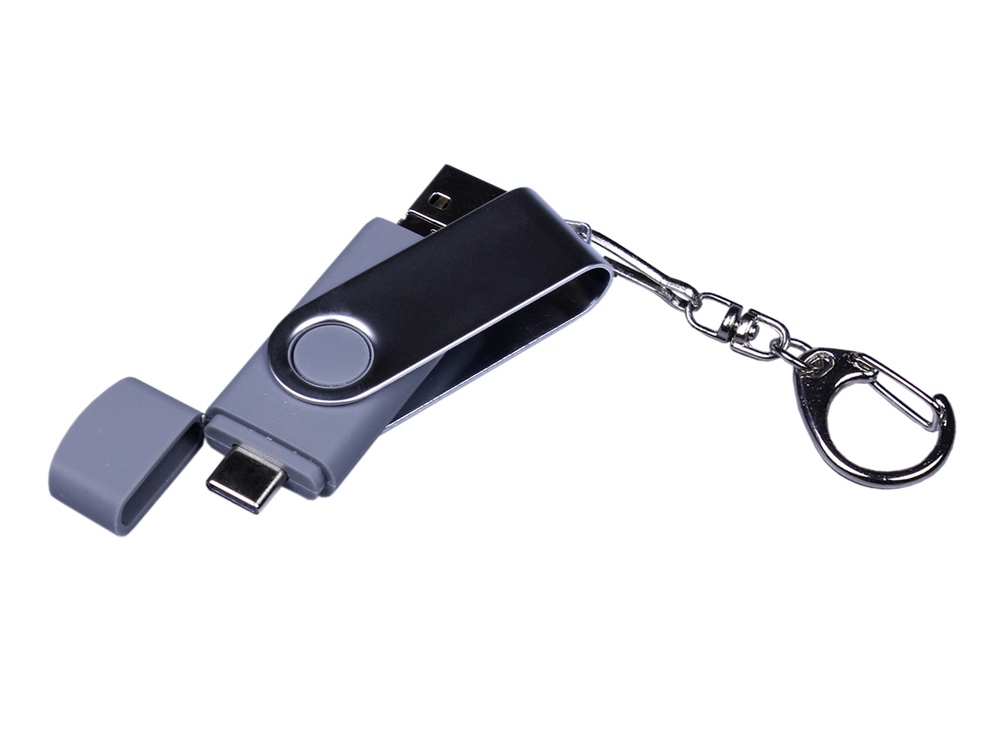USB-флешка на 32 Гб поворотный механизм, c двумя дополнительными разъемами MicroUSB и TypeC, серебро-3