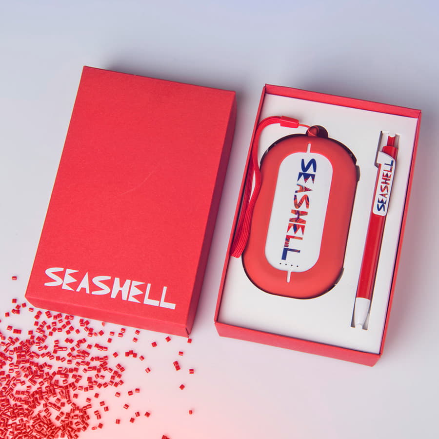 Набор SEASHELL-2: универсальное зарядное устройство (6000 mAh) и ручка в подарочной коробке, белый, голубой-5