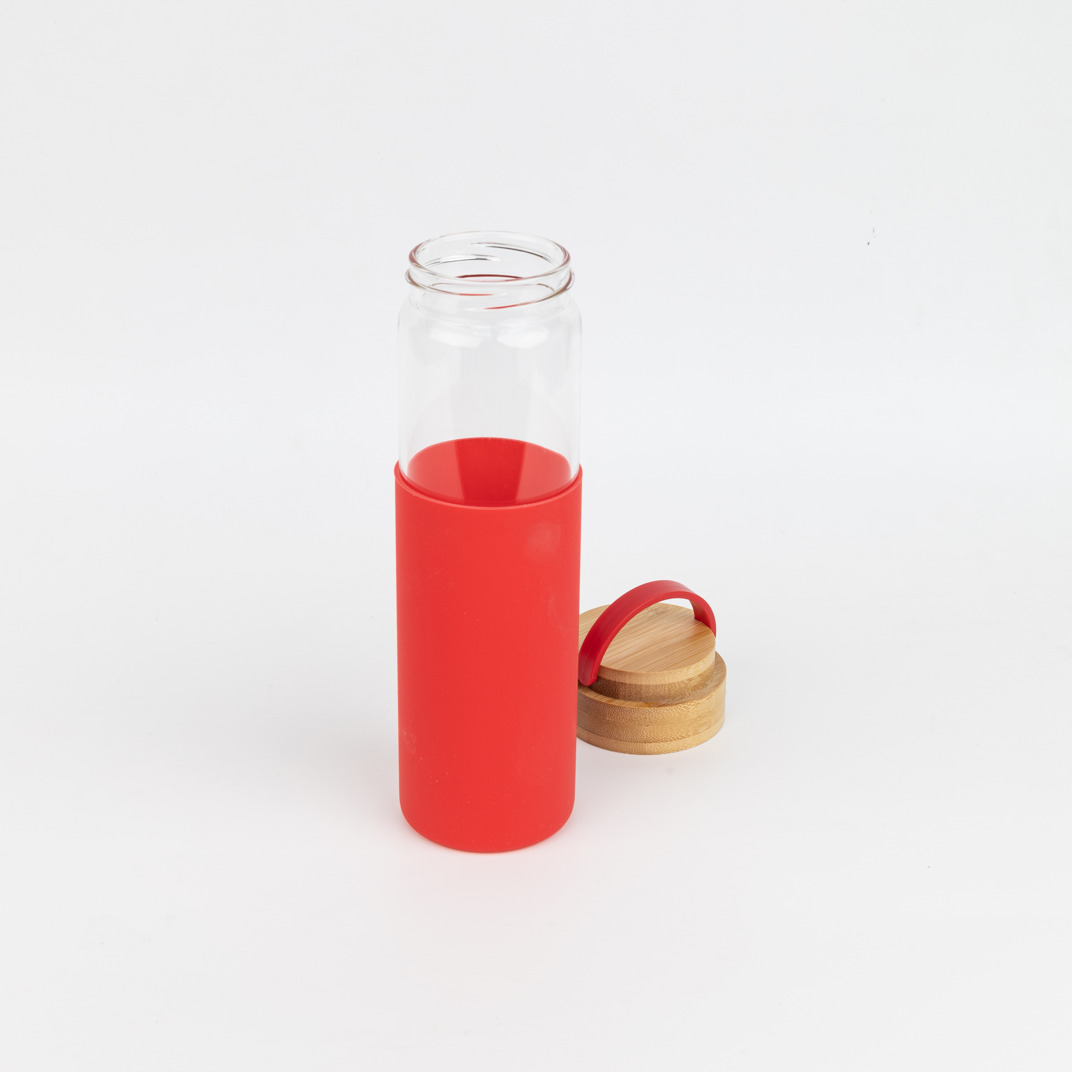 Бутылка стеклянная с силиконовой манжетой и бамбуковой крышкой  Glass, Красный-1