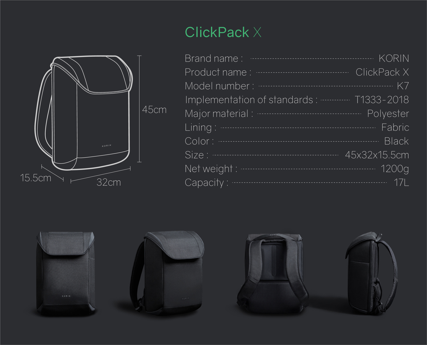 Рюкзак KORIN ClickPack X 45х32х15,5 см, с клапаном, черный-19