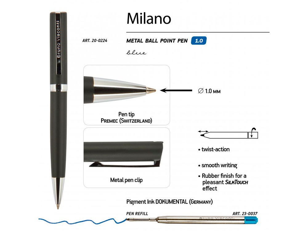 Ручка шариковая автоматическая BrunoVisconti® MILANO цвет корпуса черный, 1 мм-2