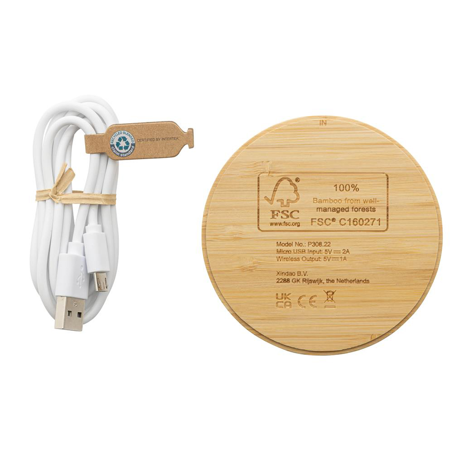 Круглая док-станция Bamboo FSC® для беспроводной зарядки, 5 Вт-2
