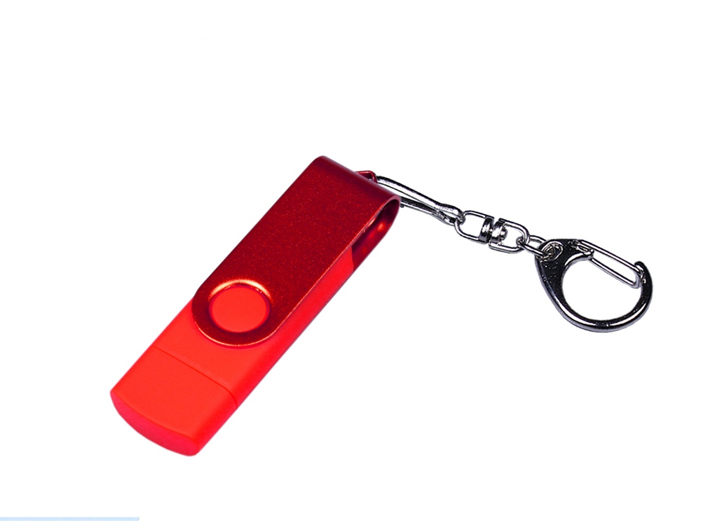 USB-флешка на 64 ГБ 3 в 1 поворотный механизм, c двумя дополнительными разъемами MicroUSB и TypeC C с одноцветным металлическим клипом, красный-0