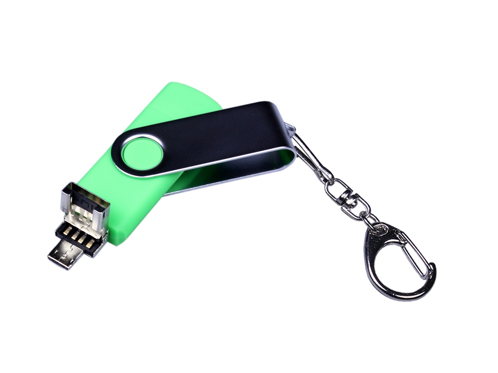USB-флешка на 64 ГБ поворотный механизм, c двумя дополнительными разъемами MicroUSB и TypeC, зеленый-2