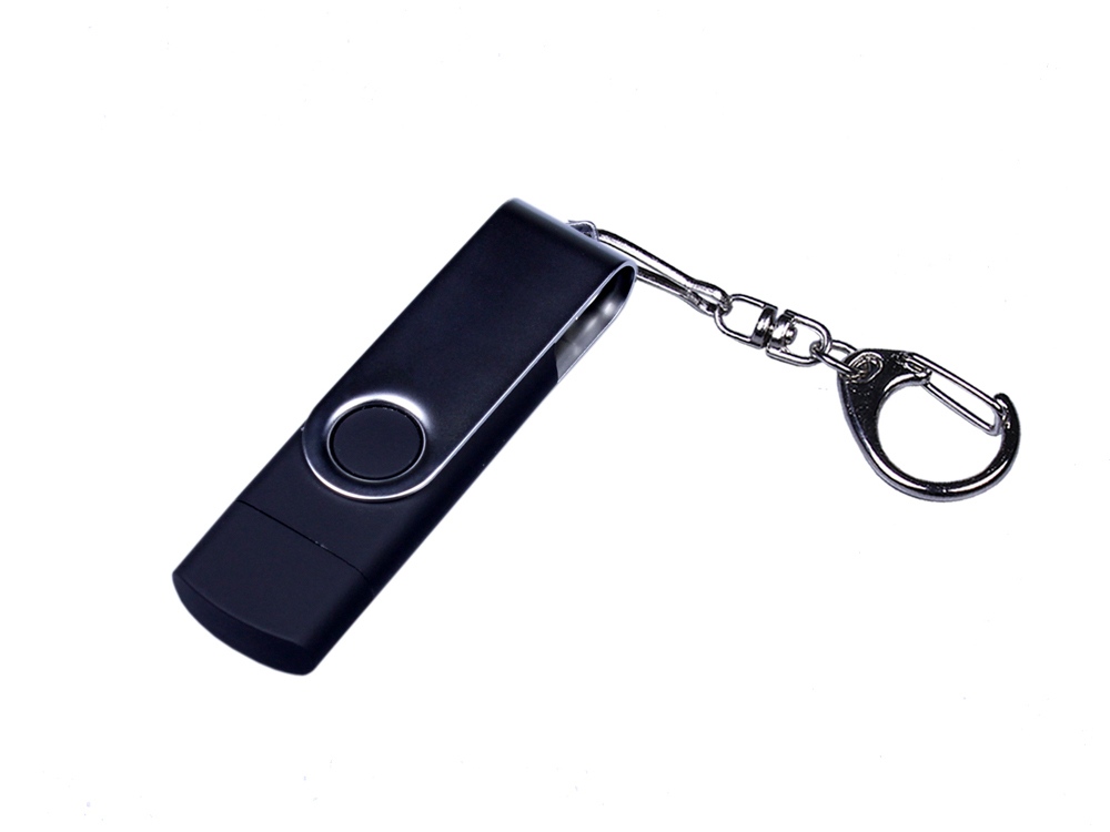 USB-флешка на 32 Гб поворотный механизм, c двумя дополнительными разъемами MicroUSB и TypeC, черный-0