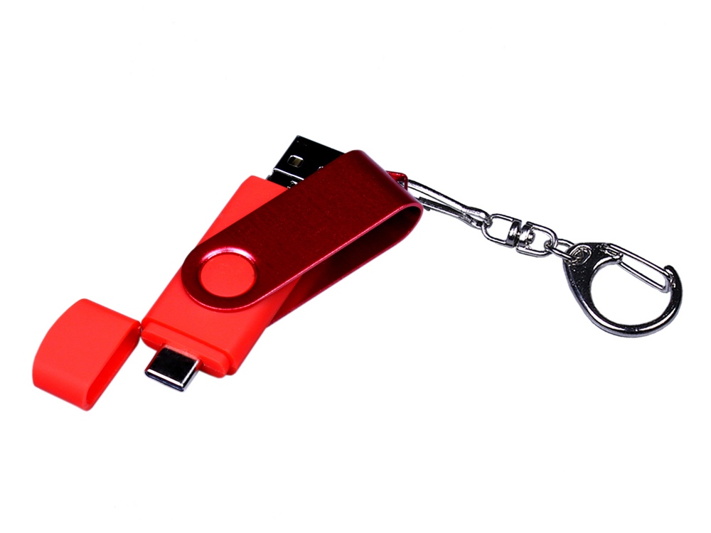 USB-флешка на 64 ГБ 3 в 1 поворотный механизм, c двумя дополнительными разъемами MicroUSB и TypeC C с одноцветным металлическим клипом, красный-1