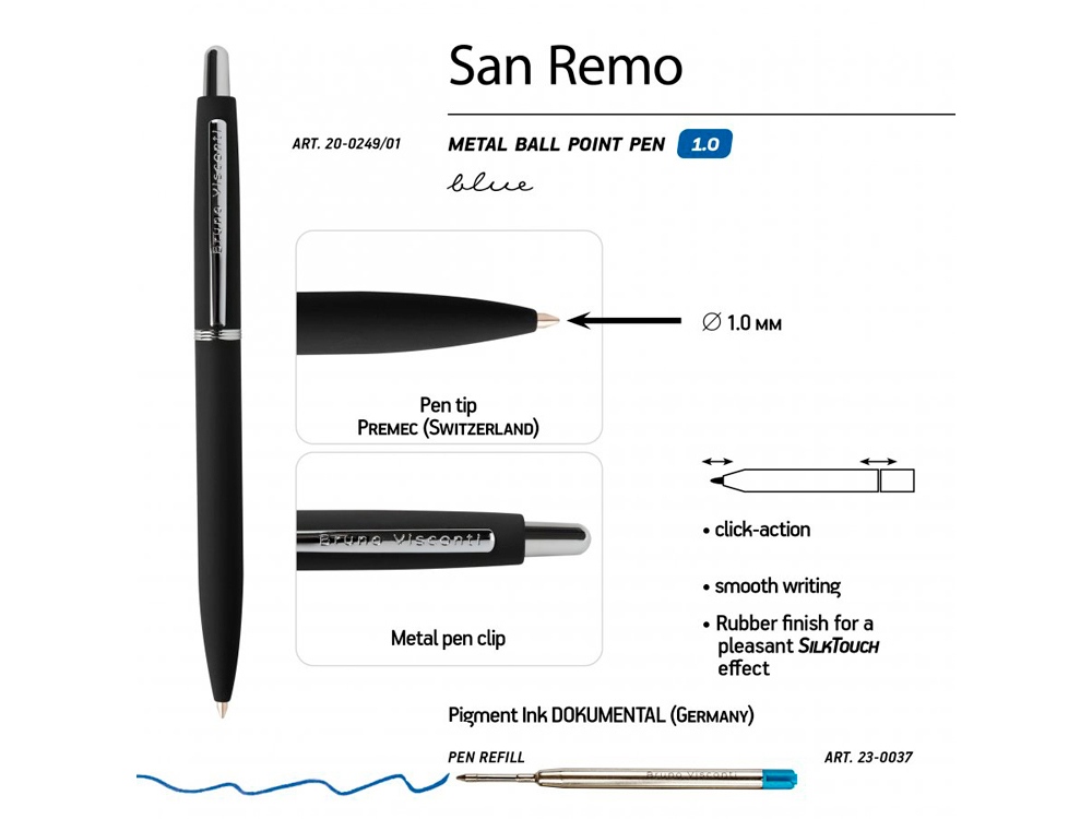 Ручка SAN REMO шариковая  автоматическая, черный металлический корпус, 1.00 мм, синяя-2