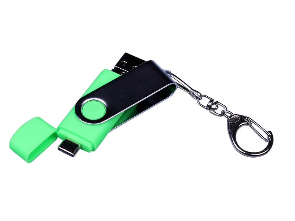 USB-флешка на 32 Гб поворотный механизм, c двумя дополнительными разъемами MicroUSB и TypeC, зеленый-3