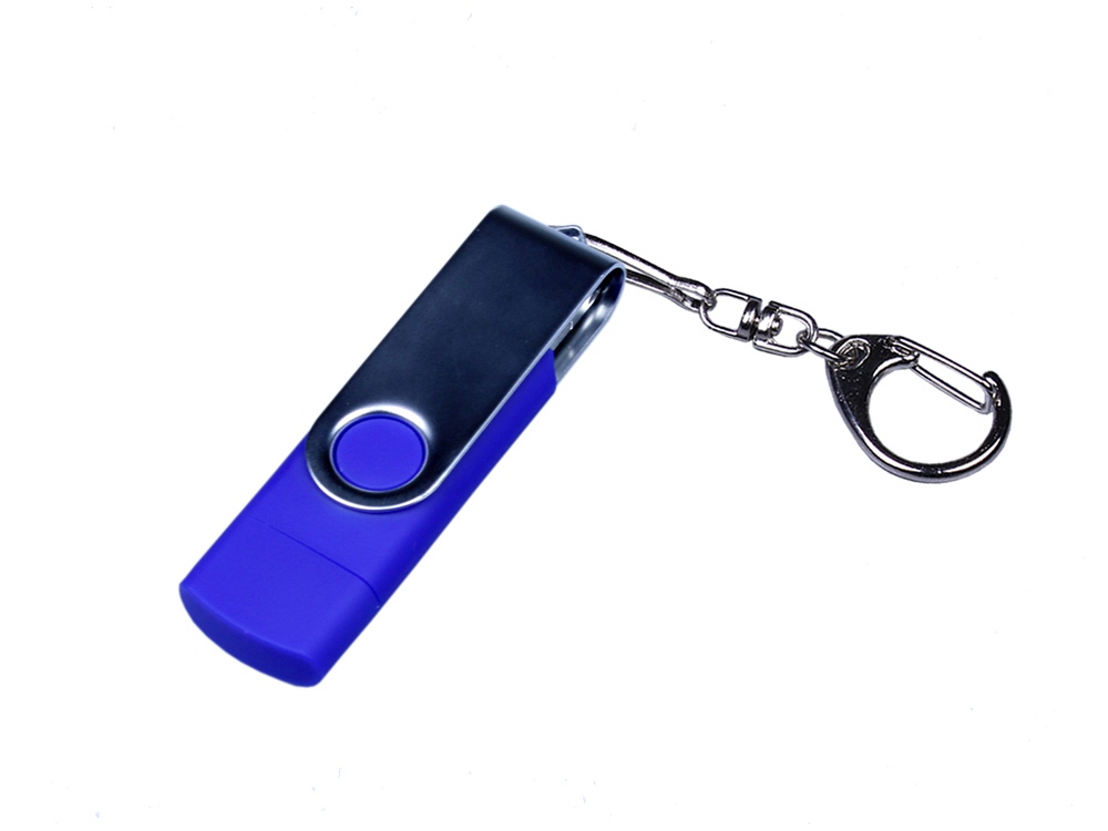 USB-флешка на 32 Гб поворотный механизм, c двумя дополнительными разъемами MicroUSB и TypeC, синий-0