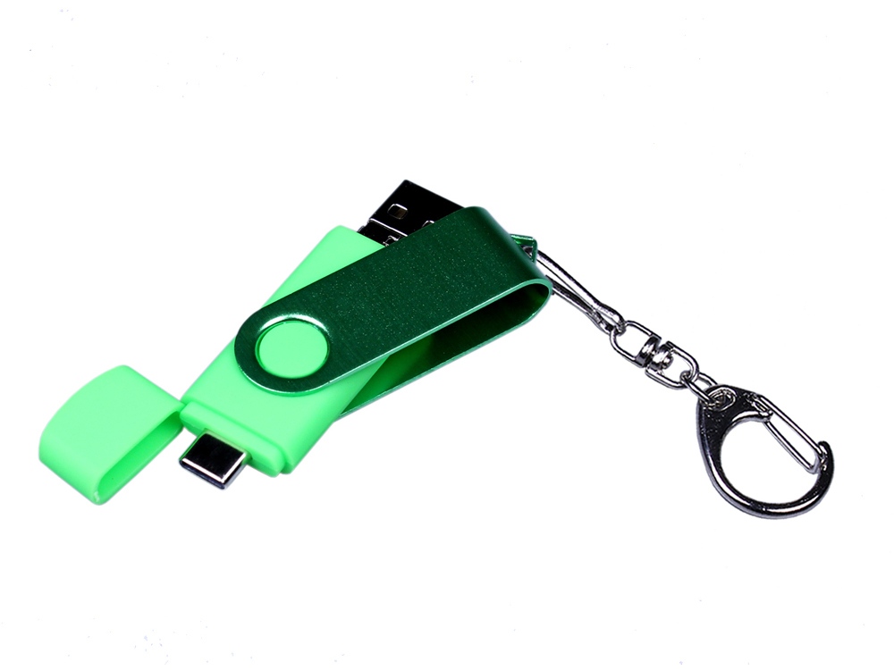 USB-флешка на 32 Гб 3 в 1 поворотный механизм, c двумя дополнительными разъемами MicroUSB и TypeC C с одноцветным металлическим клипом, зеленый-3