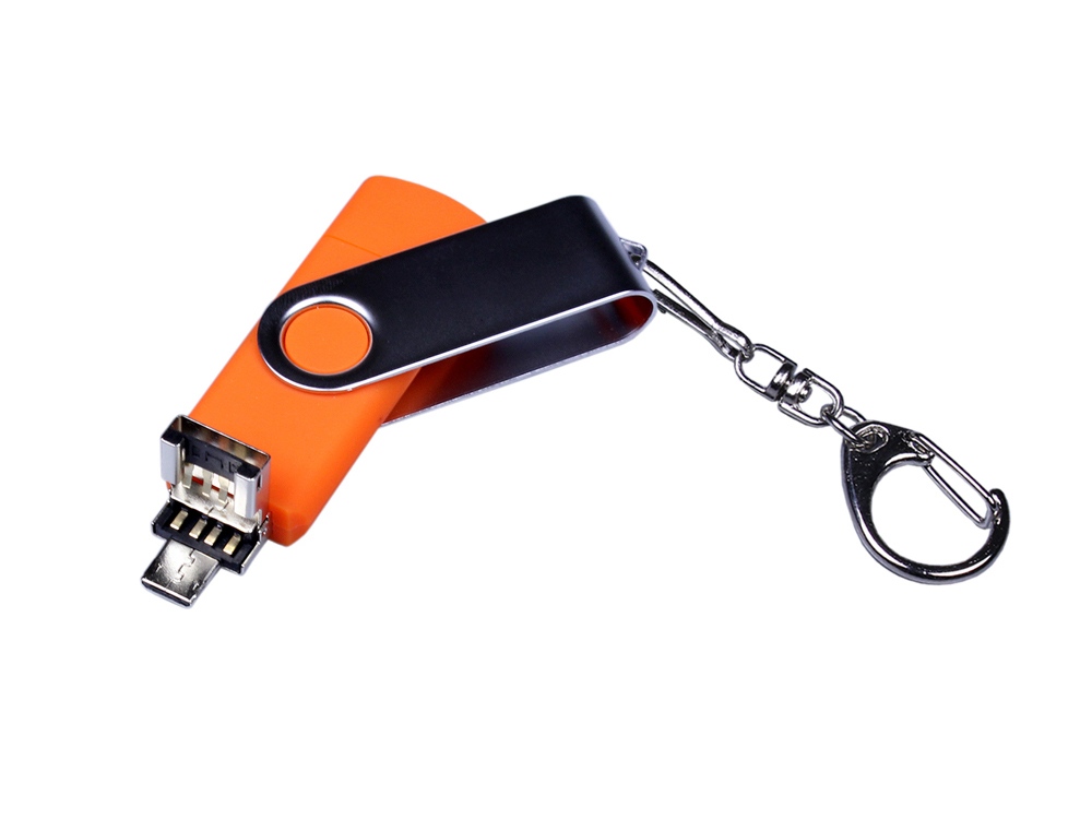 USB-флешка на 64 ГБ поворотный механизм, c двумя дополнительными разъемами MicroUSB и TypeC, оранжевый-2