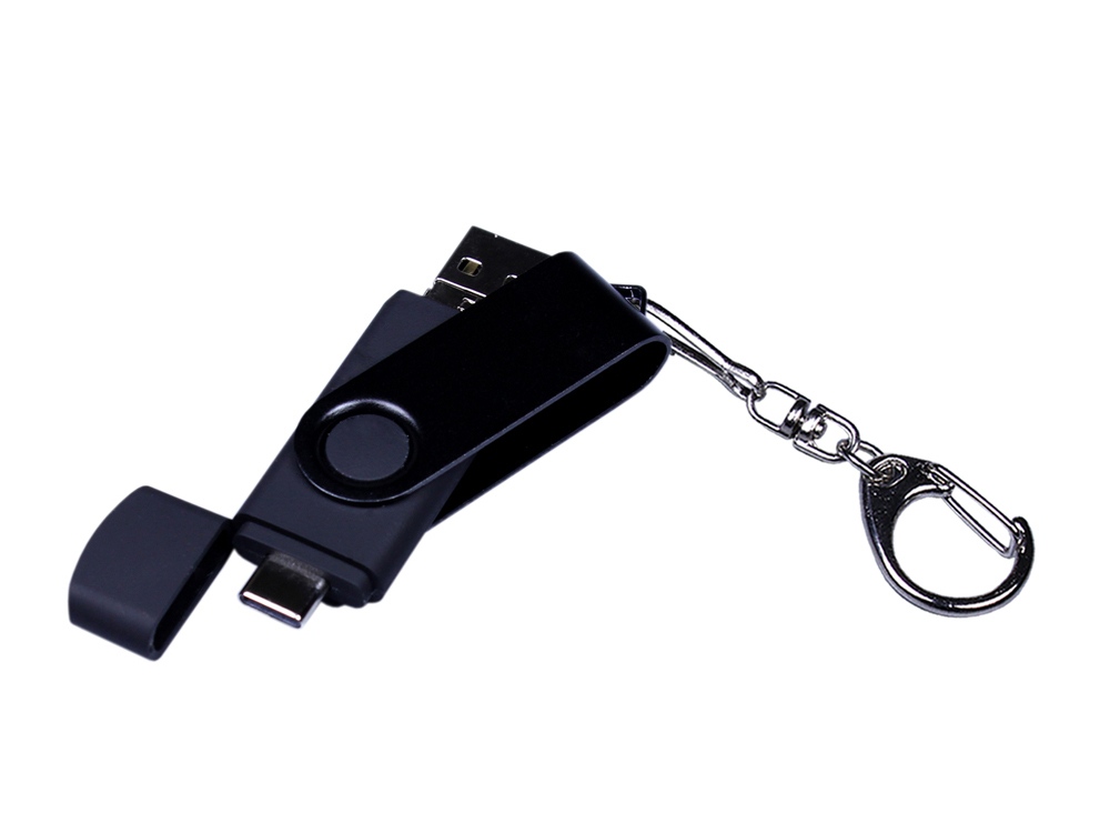 USB-флешка на 32 Гб 3 в 1 поворотный механизм, c двумя дополнительными разъемами MicroUSB и TypeC C с одноцветным металлическим клипом, черный-3