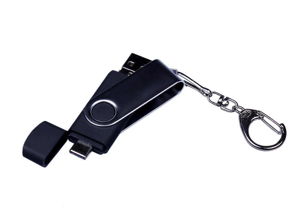 USB-флешка на 64 ГБ поворотный механизм, c двумя дополнительными разъемами MicroUSB и TypeC, черный-3