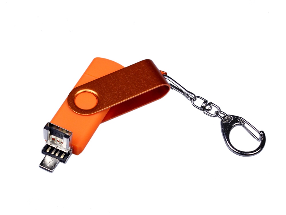 USB-флешка на 16 Гб 3 в 1 поворотный механизм, c двумя дополнительными разъемами MicroUSB и TypeC C с одноцветным металлическим клипом, оранжевый-2