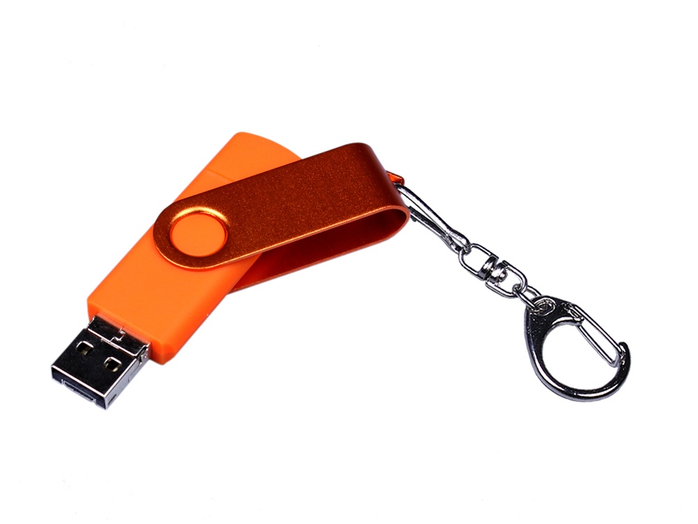 USB-флешка на 64 ГБ 3 в 1 поворотный механизм, c двумя дополнительными разъемами MicroUSB и TypeC C с одноцветным металлическим клипом, оранжевый-1