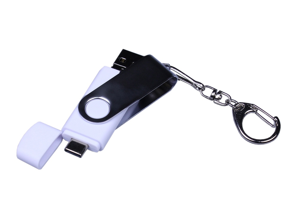 USB-флешка на 16 Гб поворотный механизм, c двумя дополнительными разъемами MicroUSB и TypeC, белый-3
