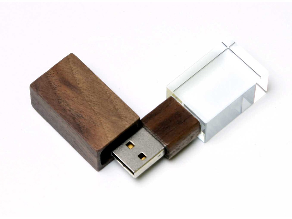 USB-флешка на 64 ГБ прямоугольной формы, под гравировку 3D логотипа, материал стекло, с деревянным колпачком красного цвета, белый-1