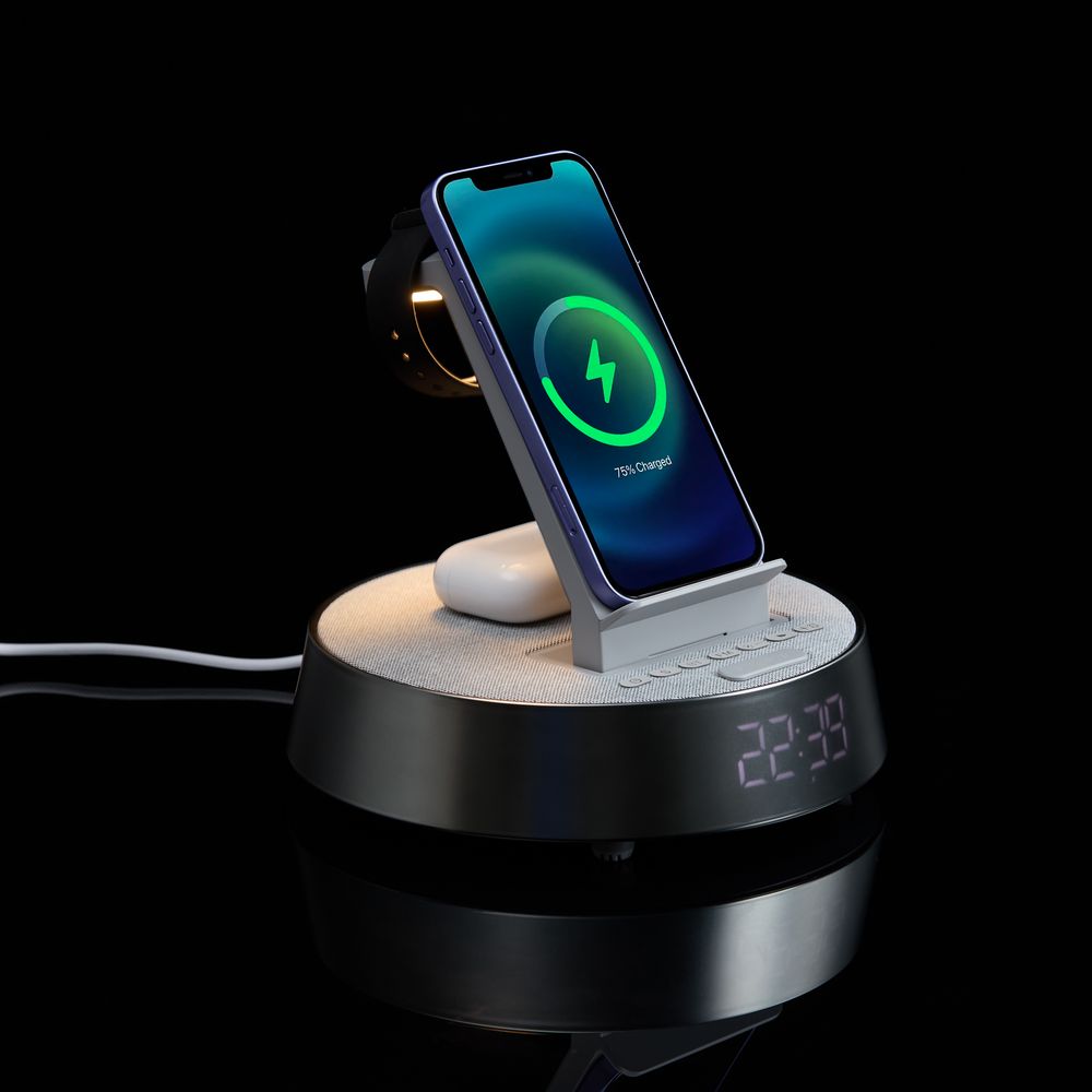 Bluetooth-колонка с беспроводной зарядкой и часами netEnergy, серая-9