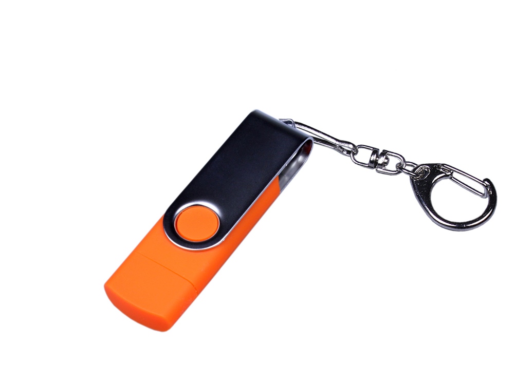 USB-флешка на 32 Гб поворотный механизм, c двумя дополнительными разъемами MicroUSB и TypeC, оранжевый-0
