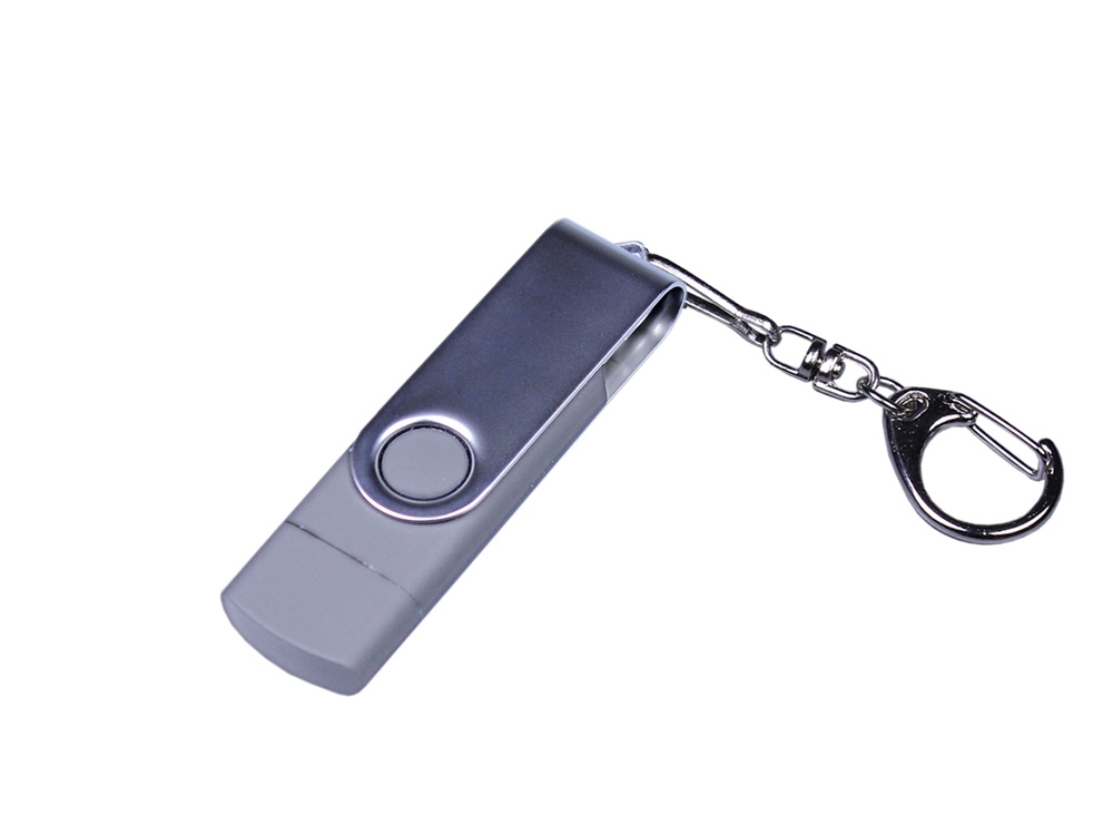 USB-флешка на 16 Гб поворотный механизм, c двумя дополнительными разъемами MicroUSB и TypeC, серебро-0