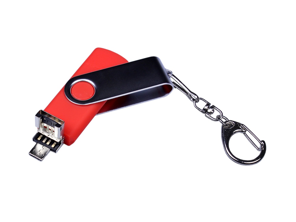 USB-флешка на 16 Гб поворотный механизм, c двумя дополнительными разъемами MicroUSB и TypeC, красный-2