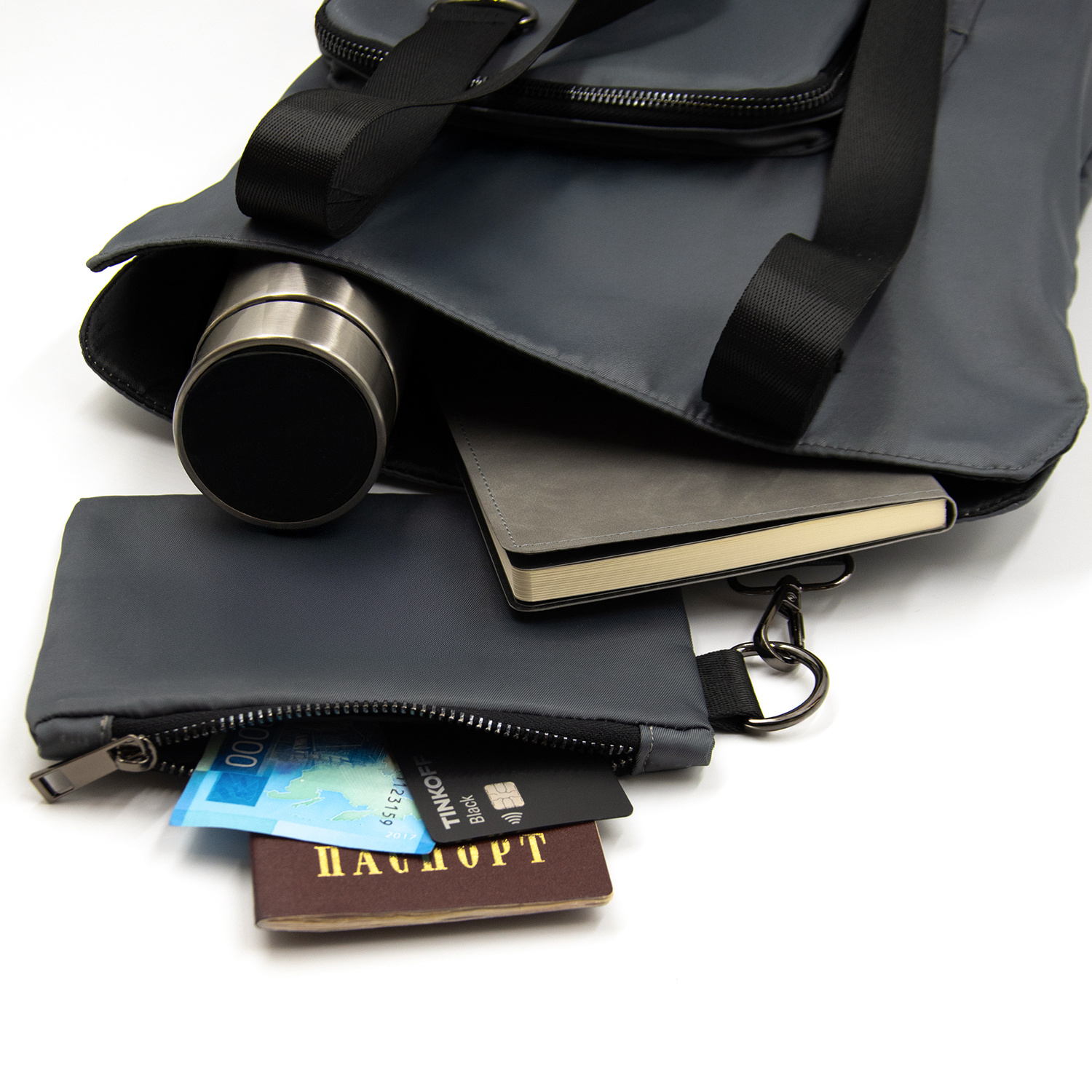 Шоппер Superbag Pocket, с внутренним креплением (карабин) и чехлом для мелочей (серый с черным)-4