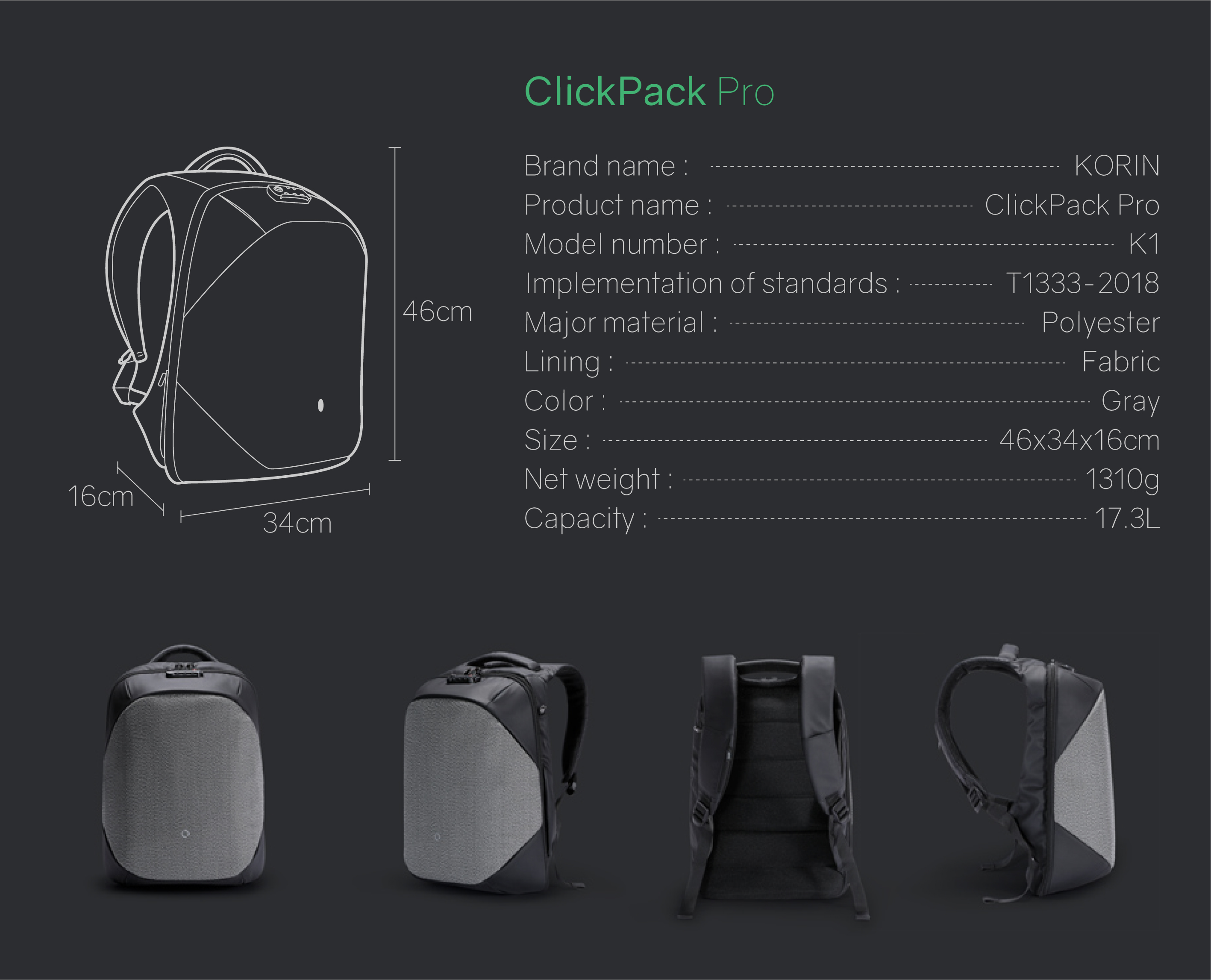 Рюкзак ClickPack Pro 46х34х16 см, комбинированный черный/серый-24