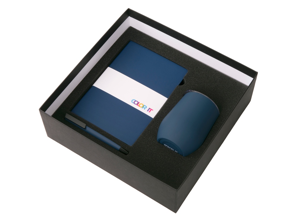 Подарочный набор c блокнотом C1, ручкой и термокружкой, темно-синий-1