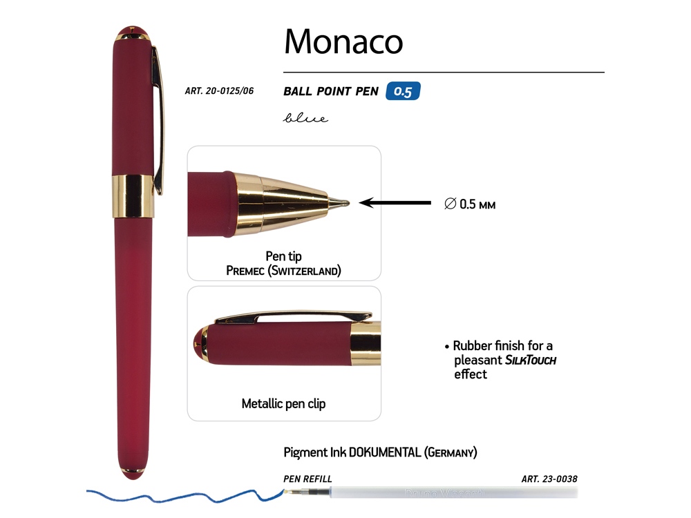 Ручка пластиковая шариковая Monaco, 0,5мм, синие чернила, бордовый-2