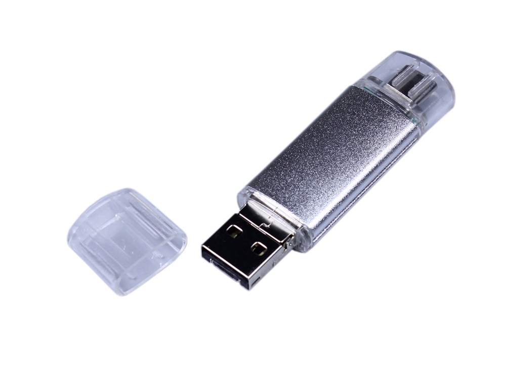USB-флешка на 32 Гб c двумя дополнительными разъемами MicroUSB и TypeC, серебро-1