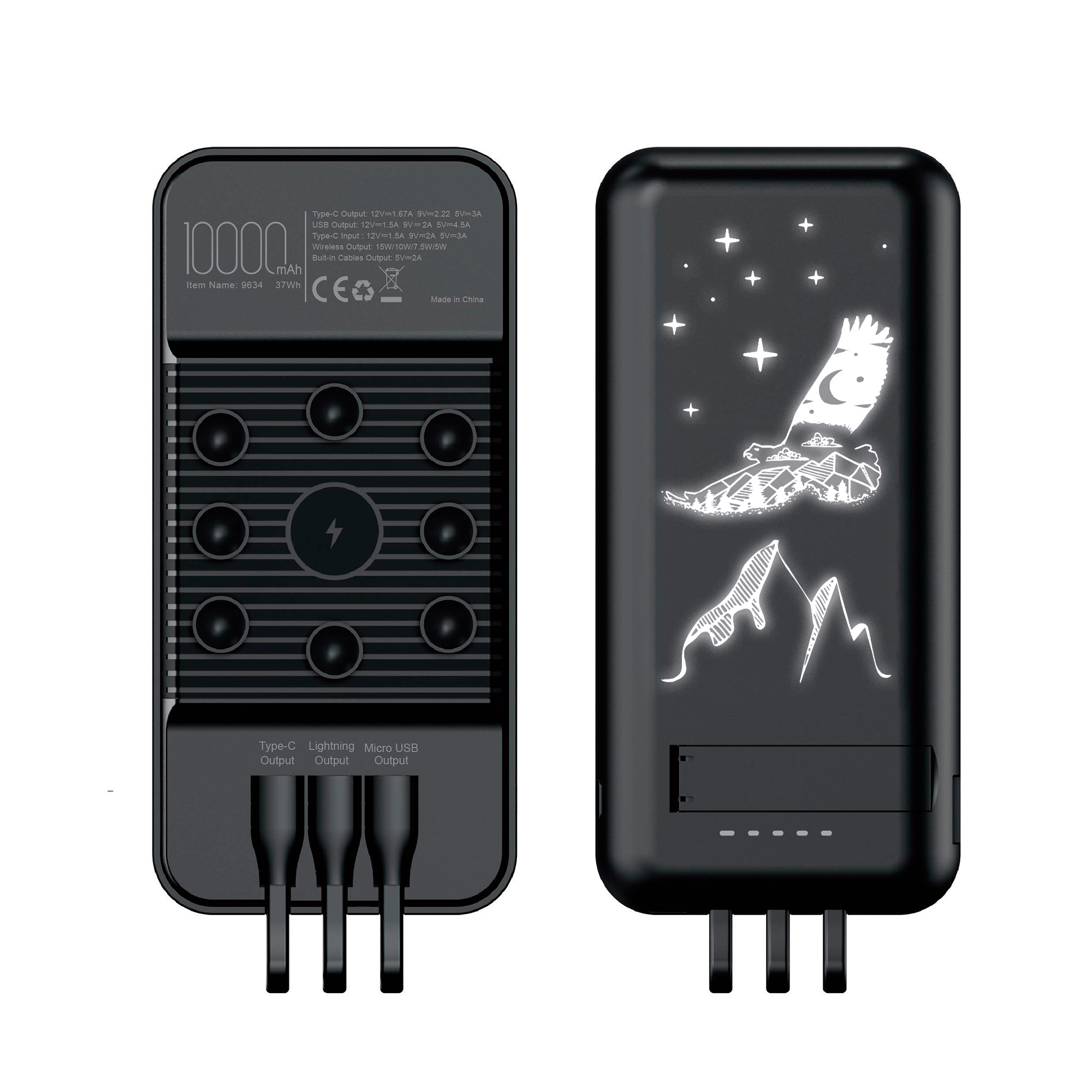 Беспроводное зарядное (22.5/15W) устройство "Topfull SOFTTOUCH" 10000 mAh с подсветкой лого, присосками, встроенными кабелями, с подставкой-0